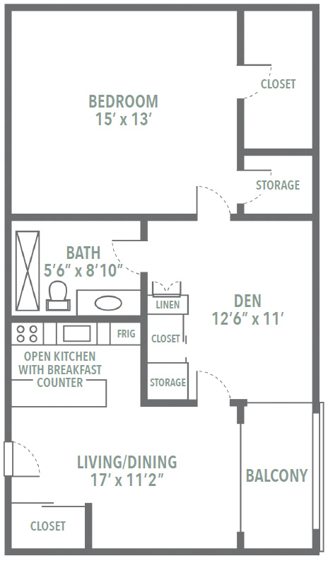 Independent and Assisted Living Floor plan, 1 bedroom + den, 801 Sq. Ft.